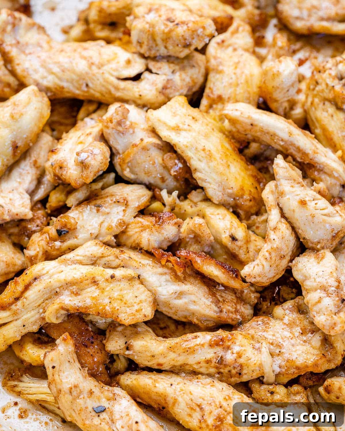 Dreamy Creamy Chicken Fajita Skillet 6 Golden brown, perfectly seasoned chicken fajita strips cooking in a skillet.