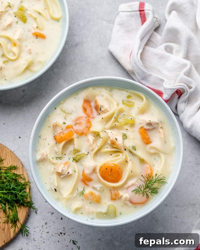 top view of chicken noodle soup in a white bowl with dill weed garnish on the side, and a small view of another bowl of soup on the top left
