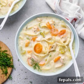 top view noodle soup in a white bowl with spoon in it