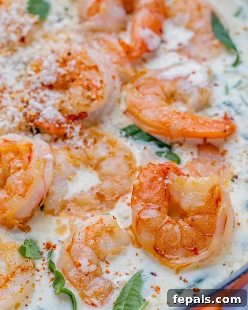 Close-up of fully cooked sauteed shrimp nestled in a creamy parmesan and spinach sauce in a skillet.
