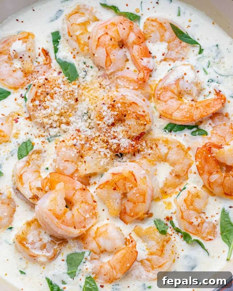Top view of sauteed shrimp in a creamy garlic sauce, garnished and ready.