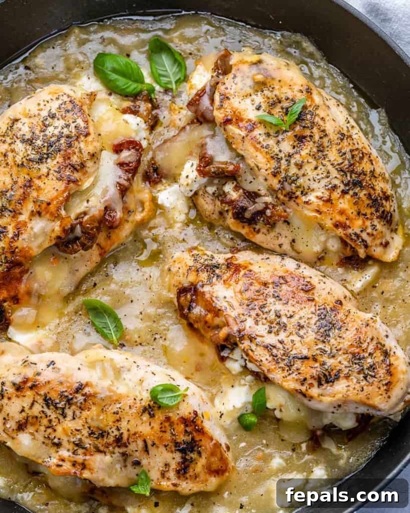 Savory Sun-dried Tomatoes and Cheese Stuffed Chicken 8 Top view of a beautifully cooked stuffed chicken breast in a skillet, showcasing the golden-brown exterior and tempting sauce.
