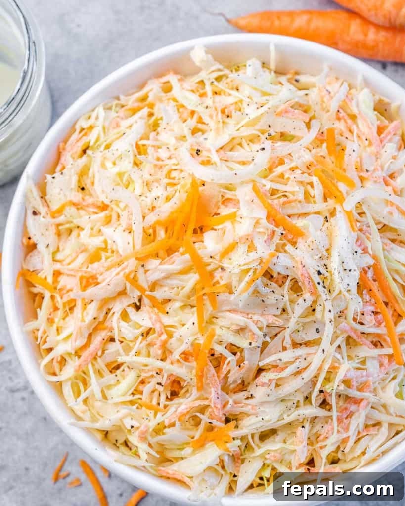 Wholesome Homemade Coleslaw 2 top view close up image of close slaw salad in a white bowl