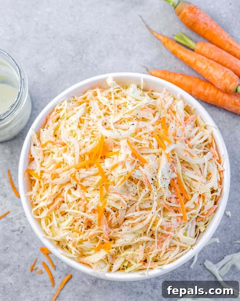 Wholesome Homemade Coleslaw 3 tope view of coleslaw salad in a white bowl with a side of fresh carrots next to the bowl on top right