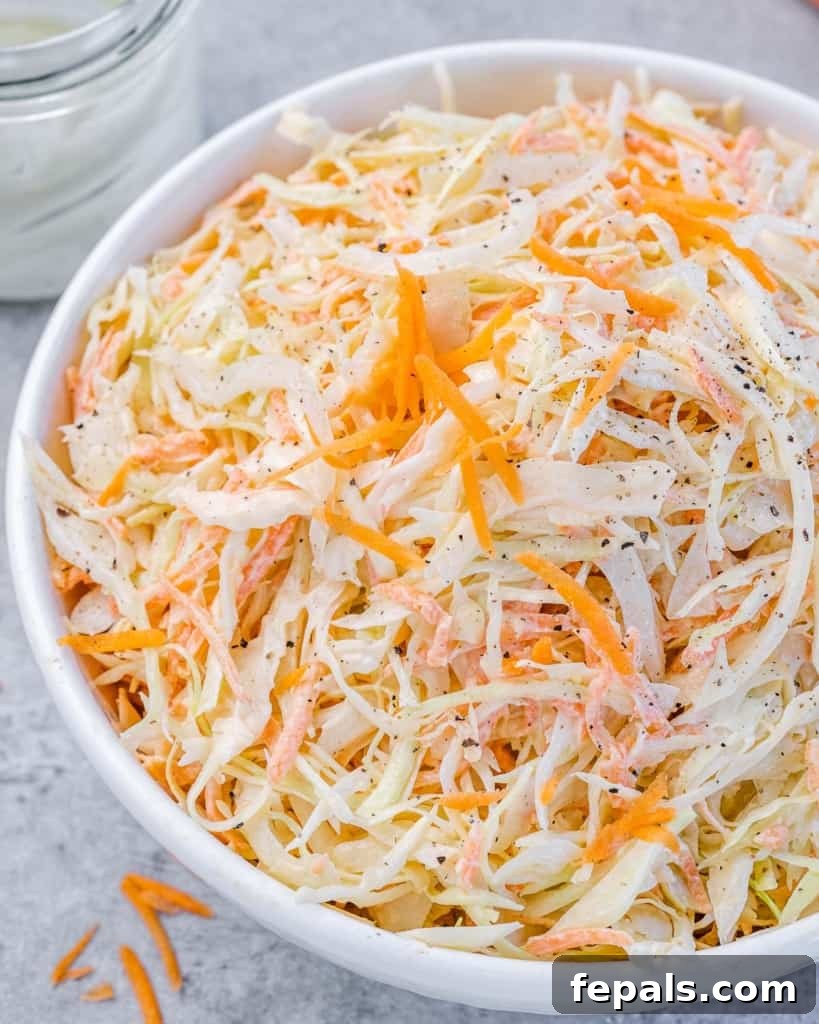 Wholesome Homemade Coleslaw 7 side shot close up image of coleslaw in a white bowl