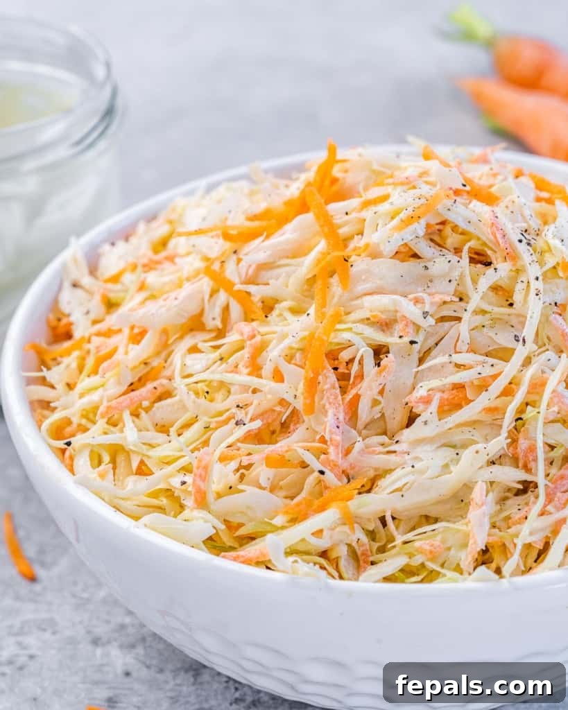 Wholesome Homemade Coleslaw 9 side shot of coleslaw salad in a white bowl