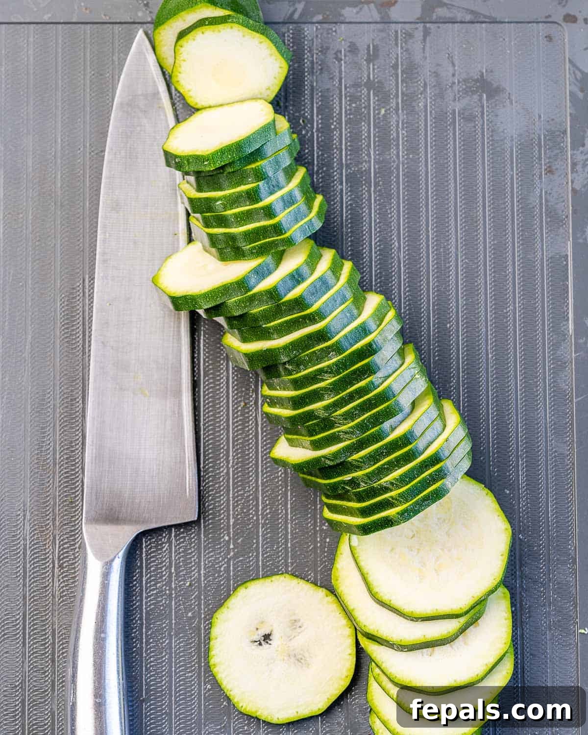 Crispy Zucchini Chips sliced zucchini with knife and cutting board