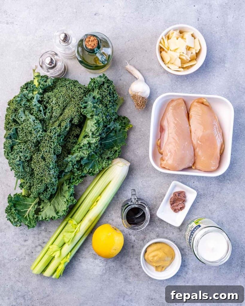 Flame-Kissed Chicken Kale Caesar 4 ingredients to make the chicken kale salad
