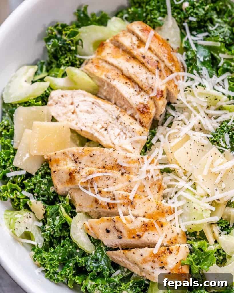 Flame-Kissed Chicken Kale Caesar 9 top view chicken kale salad in a bowl topped with parmesan cheese