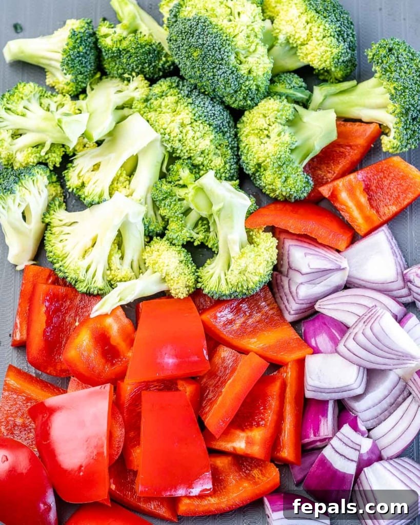 chopped veggies: broccoli, red peppers, and onion