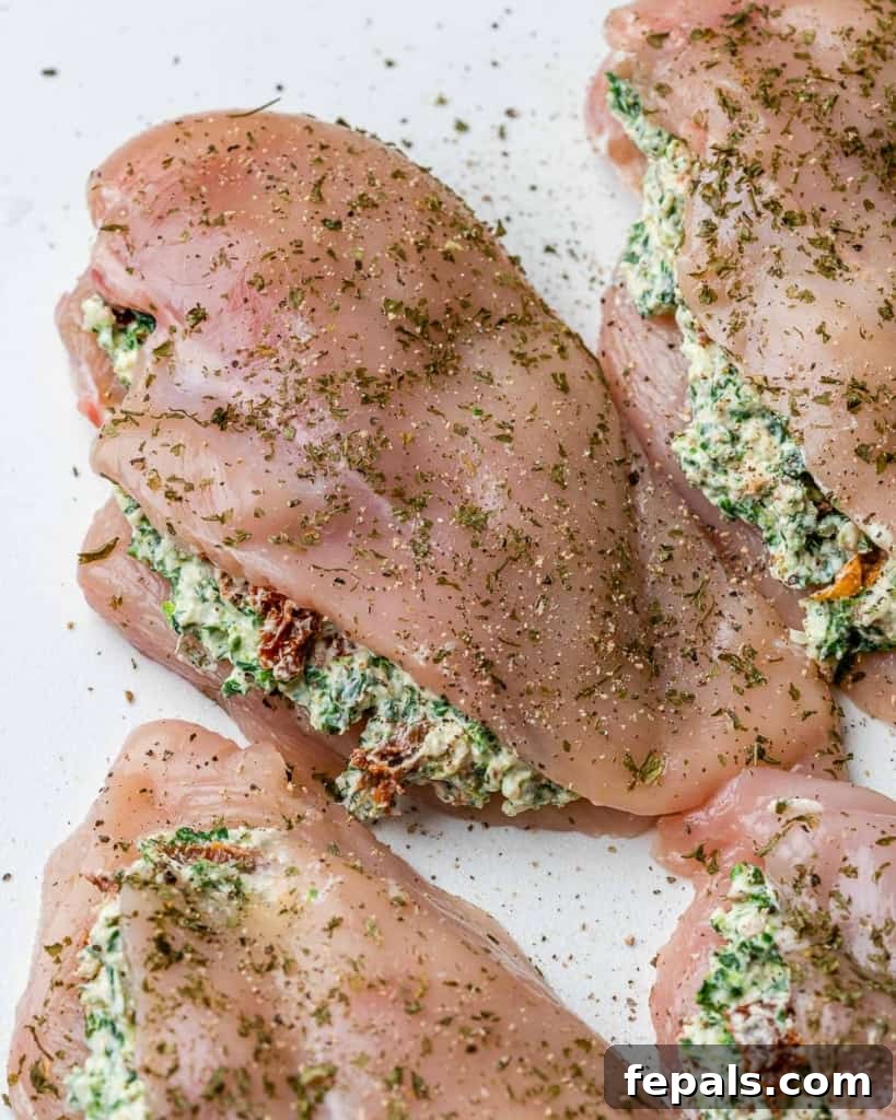 Tuscan Cheese-Stuffed Chicken 5 Raw chicken breast with a pocket cut, ready to be stuffed with the creamy spinach and cheese mixture on a white plate.