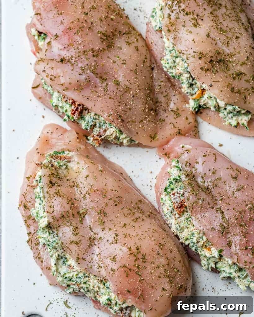 Tuscan Cheese-Stuffed Chicken 6 Multiple raw chicken breasts, expertly stuffed and secured with toothpicks, arranged on a white cutting board, prepared for cooking.