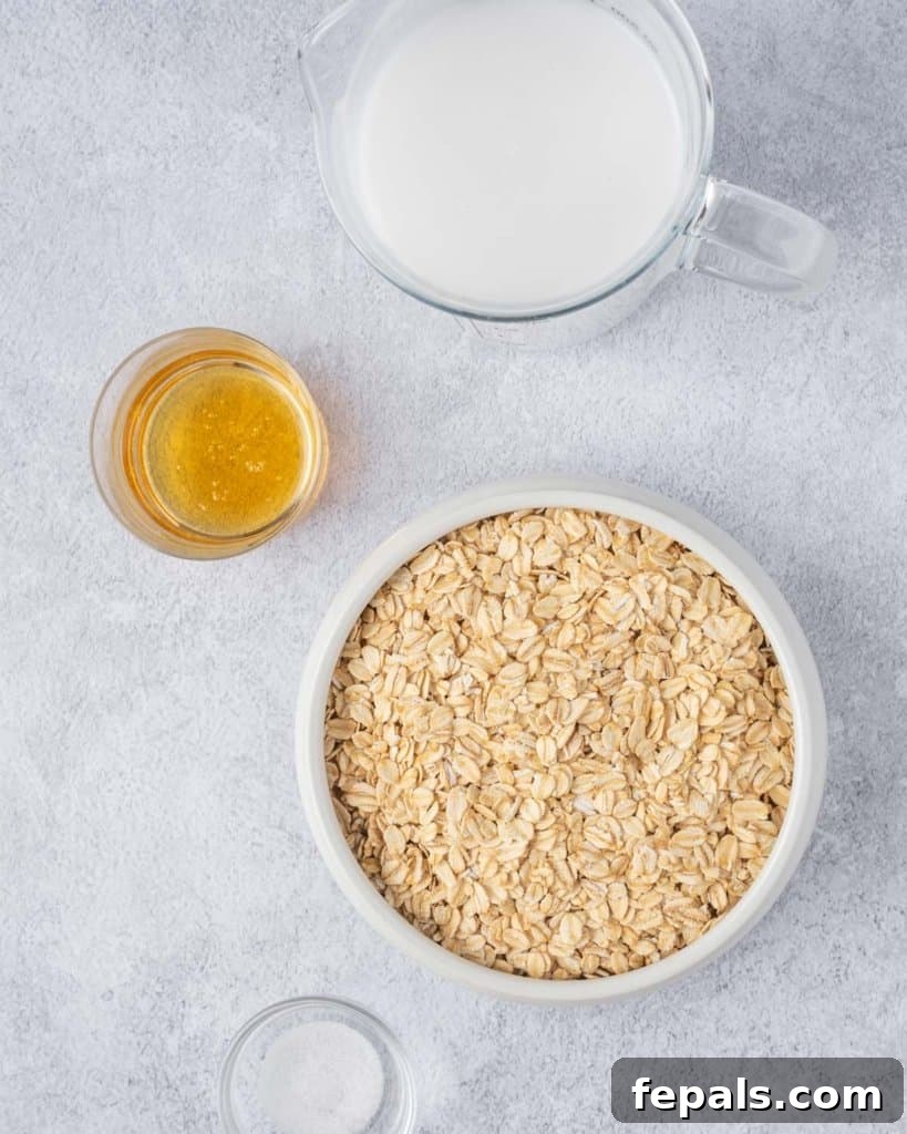 Effortless Instant Pot Oatmeal 4 ingredients to make oatmeal breakfast bowl. rolled oats, milk, maple syrup and salt
