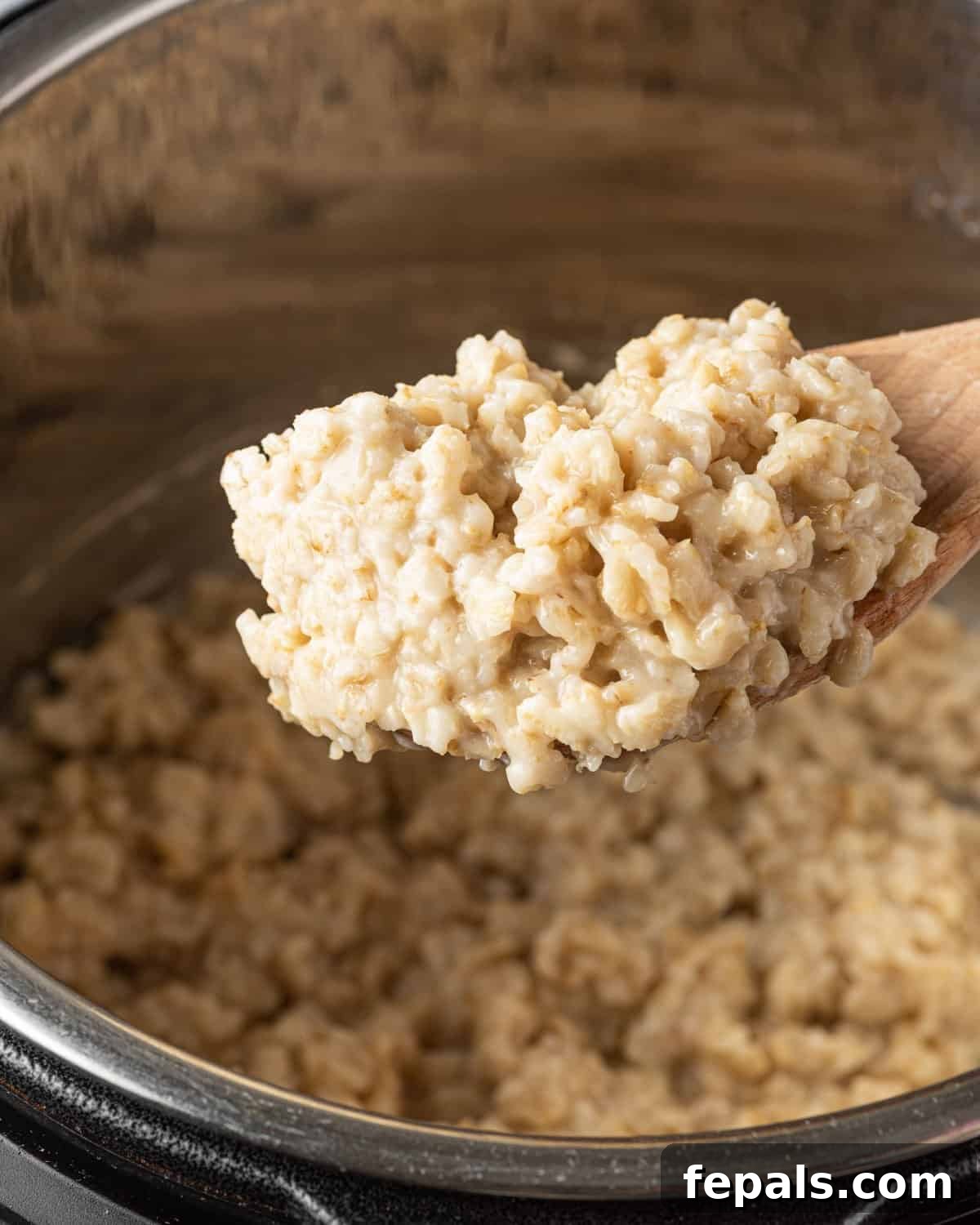Effortless Instant Pot Oatmeal 8 wooden spoon scooping oatmeal from instant pot.