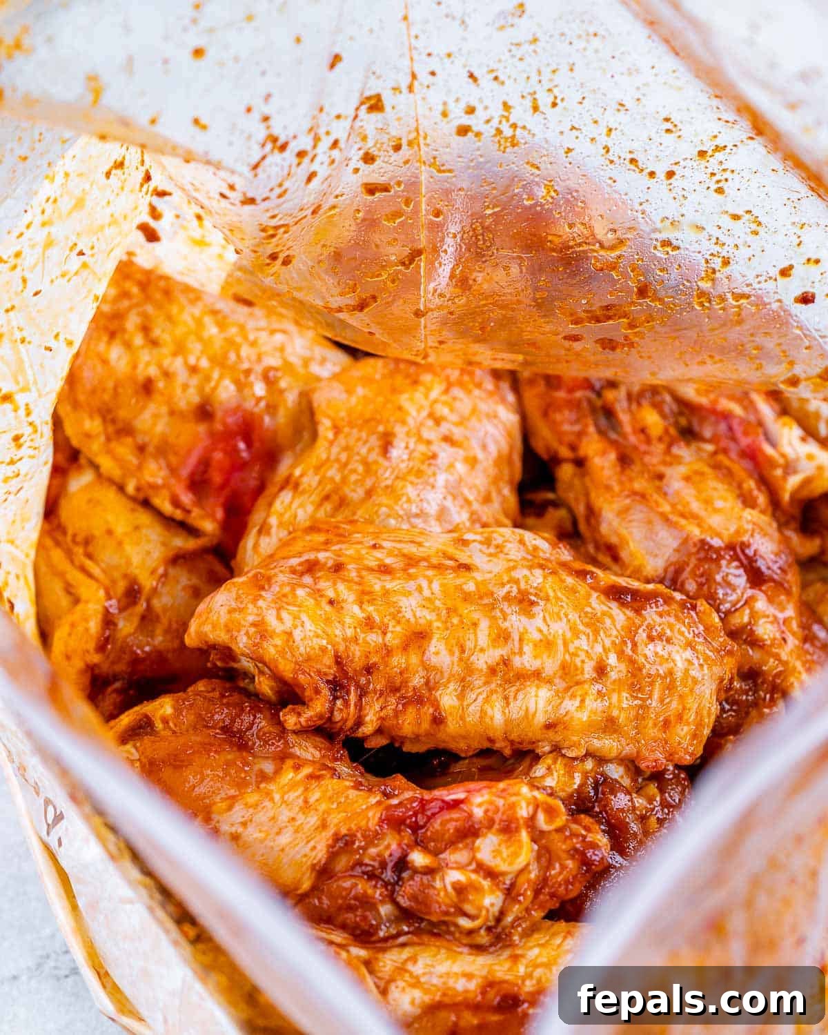Chicken wings in Ziplock bag with seasonings and oil. 