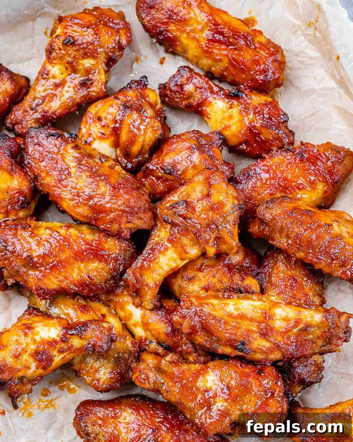 close up of buffalo wings on parchment paper. 