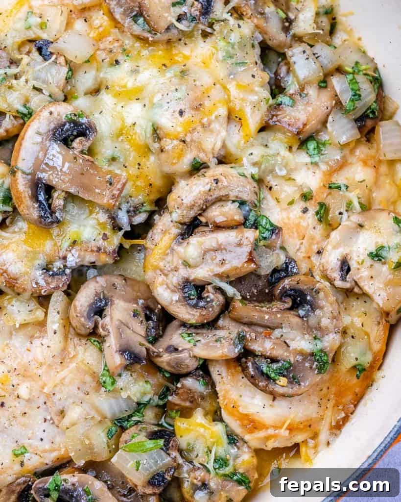 close up view of chicken breast cooked with mushrooms and cheese