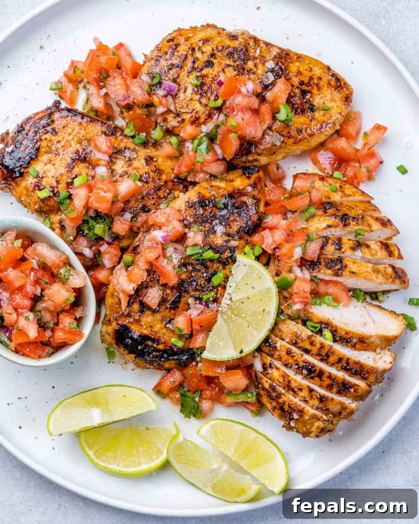 The Ultimate Jerk Chicken 9 Top view of grilled chicken breast on a plate, simple and appealing.