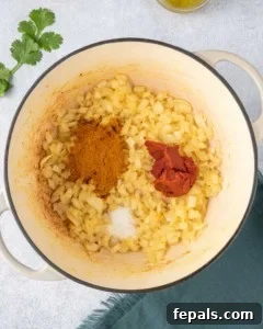 tomato paste and curry added over chopped onions in a pot