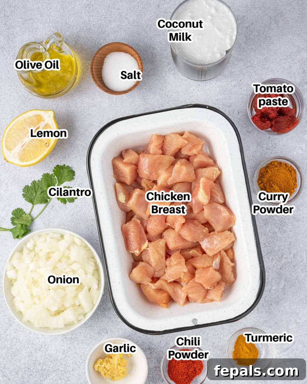 Ingredients to make chicken curry.