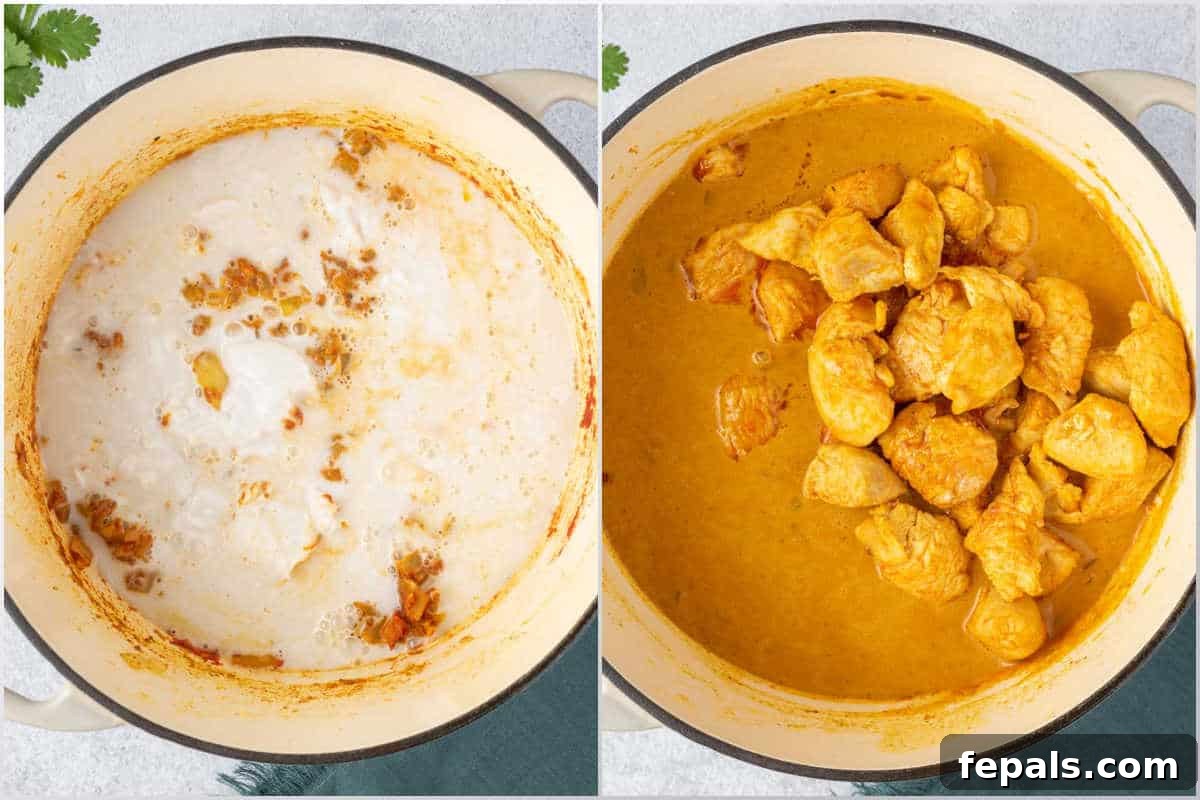 process shot to make the curry sauce and adding the chicken to the pot.