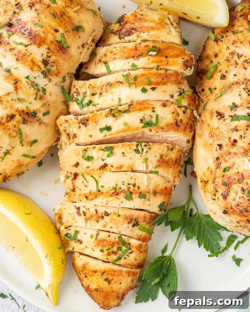 Juicy Italian Grilled Chicken Breasts 15 Close-up of elegantly sliced grilled Italian chicken breast, showcasing its tender, juicy interior, ready to be enjoyed.