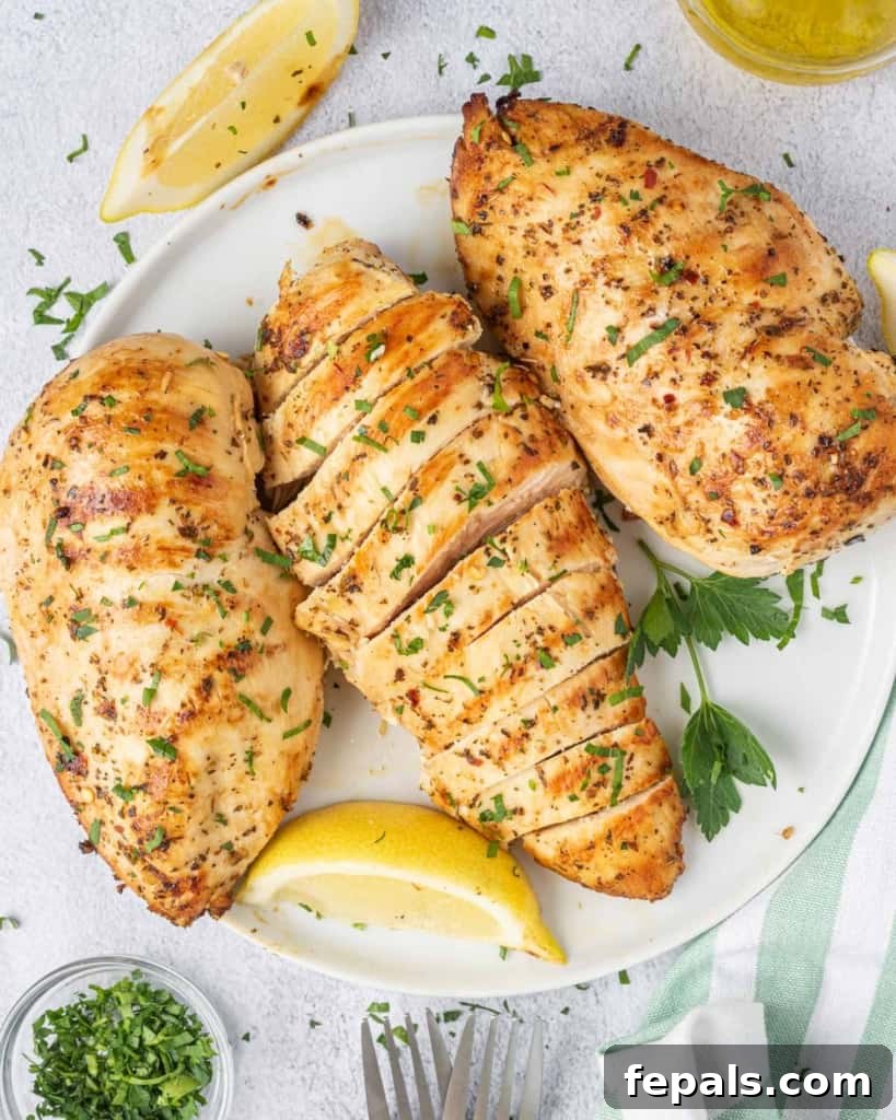 Juicy Italian Grilled Chicken Breasts 3 Top view of grilled Italian chicken breast slices on a white plate, accompanied by fresh vegetables.