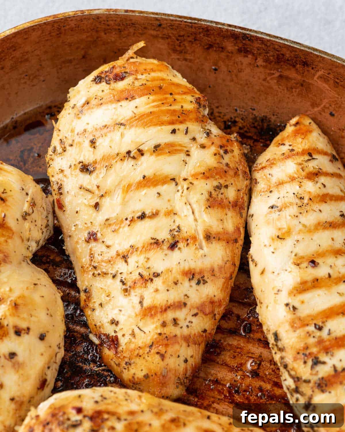 Juicy Italian Grilled Chicken Breasts 7 A single Italian chicken breast sizzling on a hot grill pan, showing grill marks.