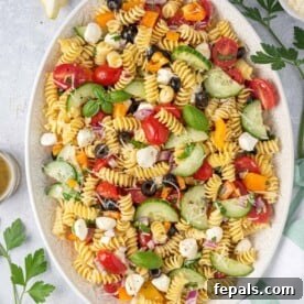 Top view of the Italian pasta salad presented in a clean white dish, ready for serving.