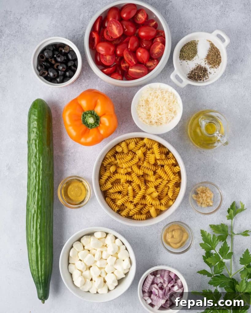 Zesty Italian Pasta Salad 4 A collection of fresh ingredients laid out, ready to make Italian Pasta Salad, including pasta, vegetables, and dressing components.