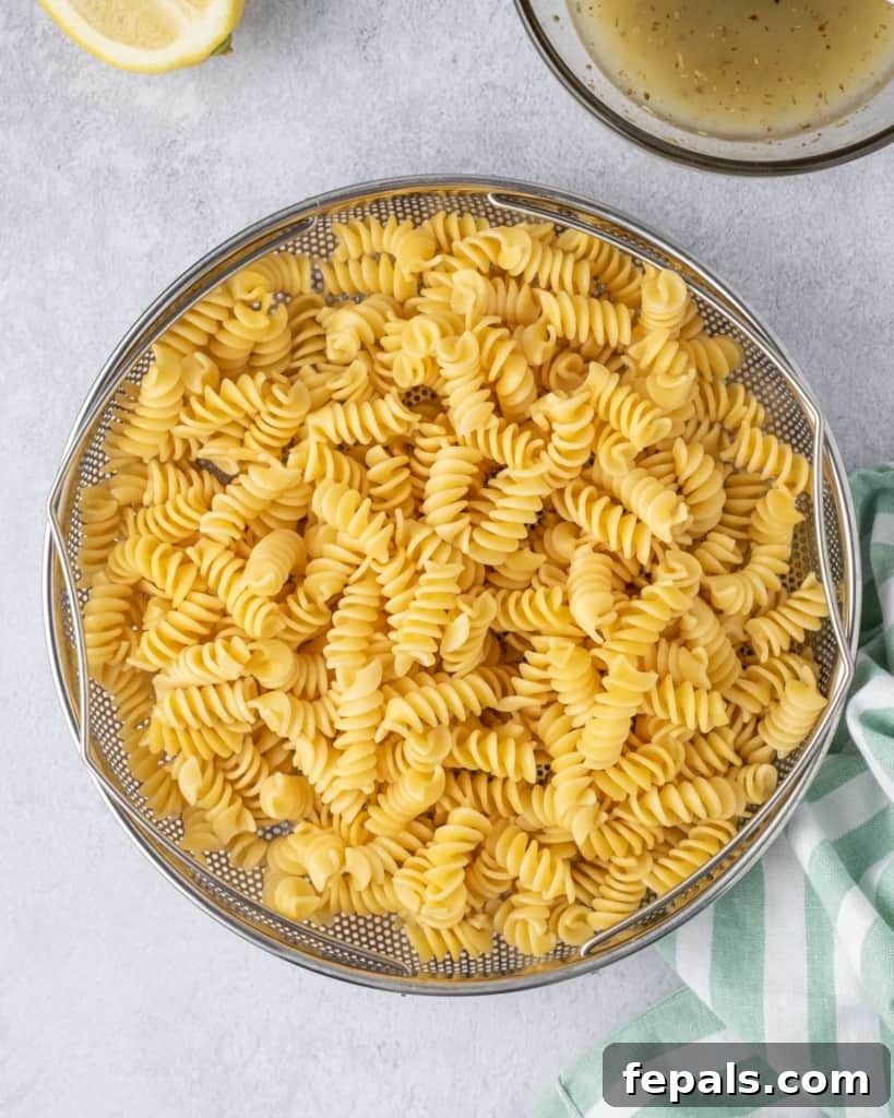 Zesty Italian Pasta Salad 7 Cooked rotini pasta, perfectly al dente and cooled, in a large mixing bowl.