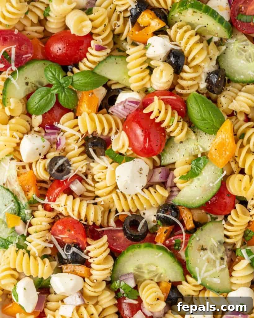 Zesty Italian Pasta Salad 10 A close-up of the ready-to-serve Italian pasta salad, showcasing its fresh ingredients and dressing.