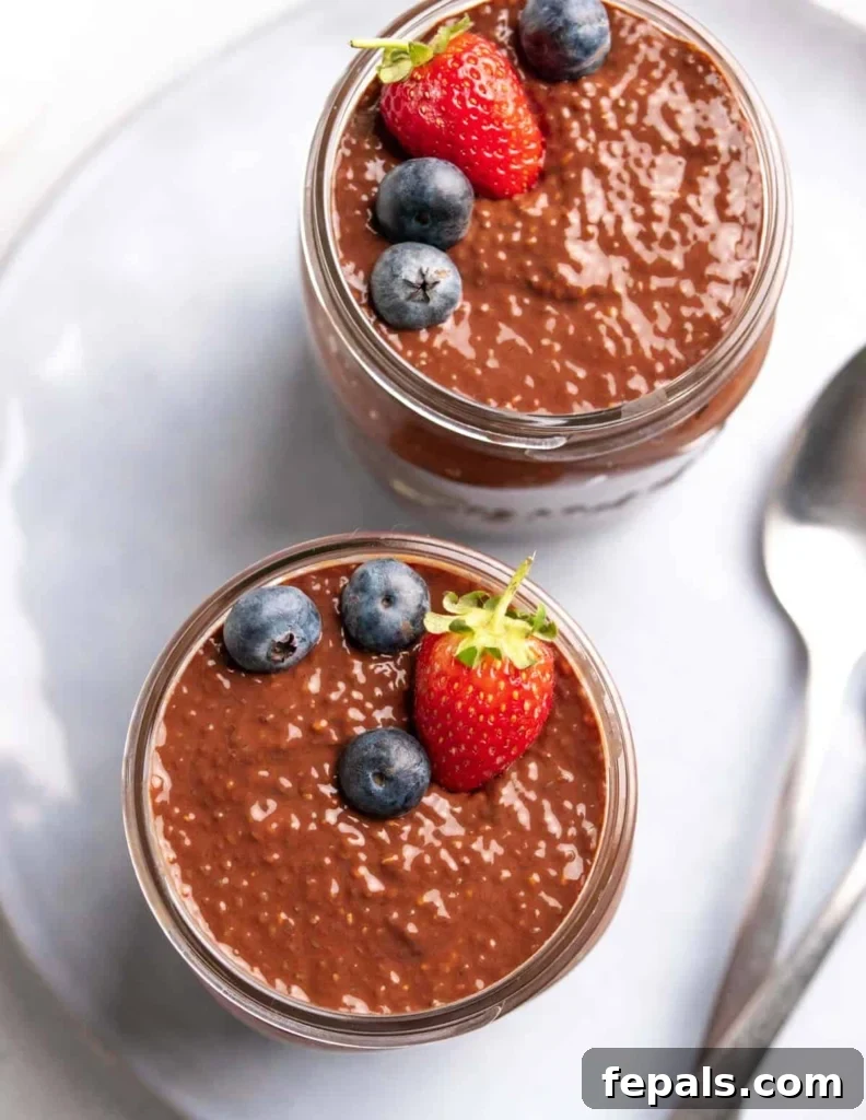 two jars of chocolate chia pudding topped with berries