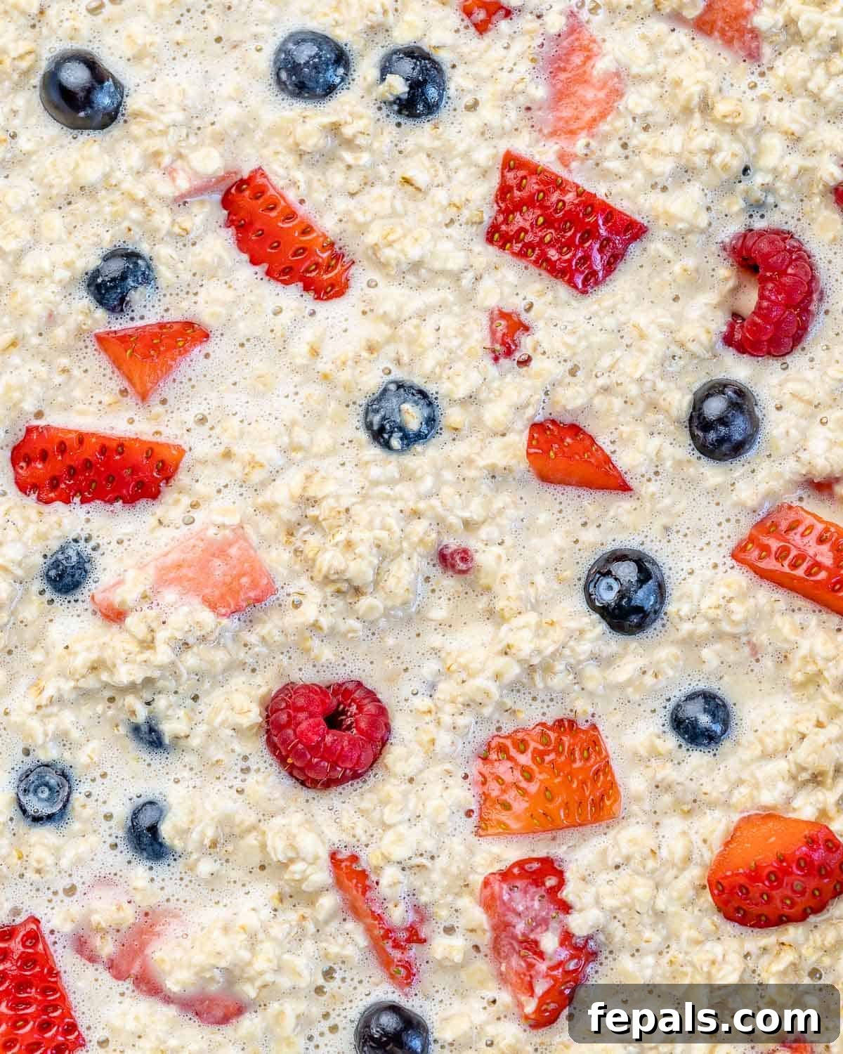 A pristine white baking dish filled with the unbaked oatmeal mixture, generously speckled with colorful fresh berries, showcasing its ready-to-bake state.