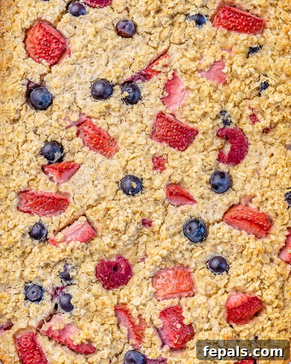 The golden-brown baked oatmeal with berries, still warm and inviting in the baking pan, showcasing its perfectly set texture before being sliced.