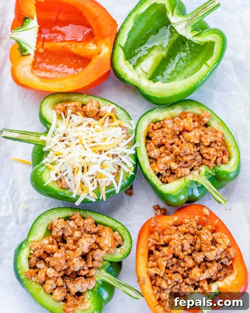 Stuffing peppers with ground meat and sprinkling cheese.