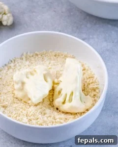 cauliflower floret in panko crumbs in a bowl