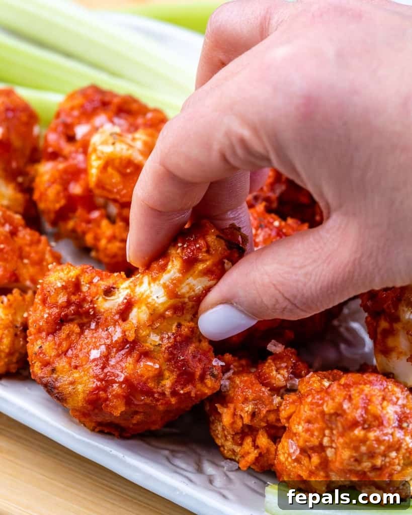 hand reaching for cauliflower wing from a plate 