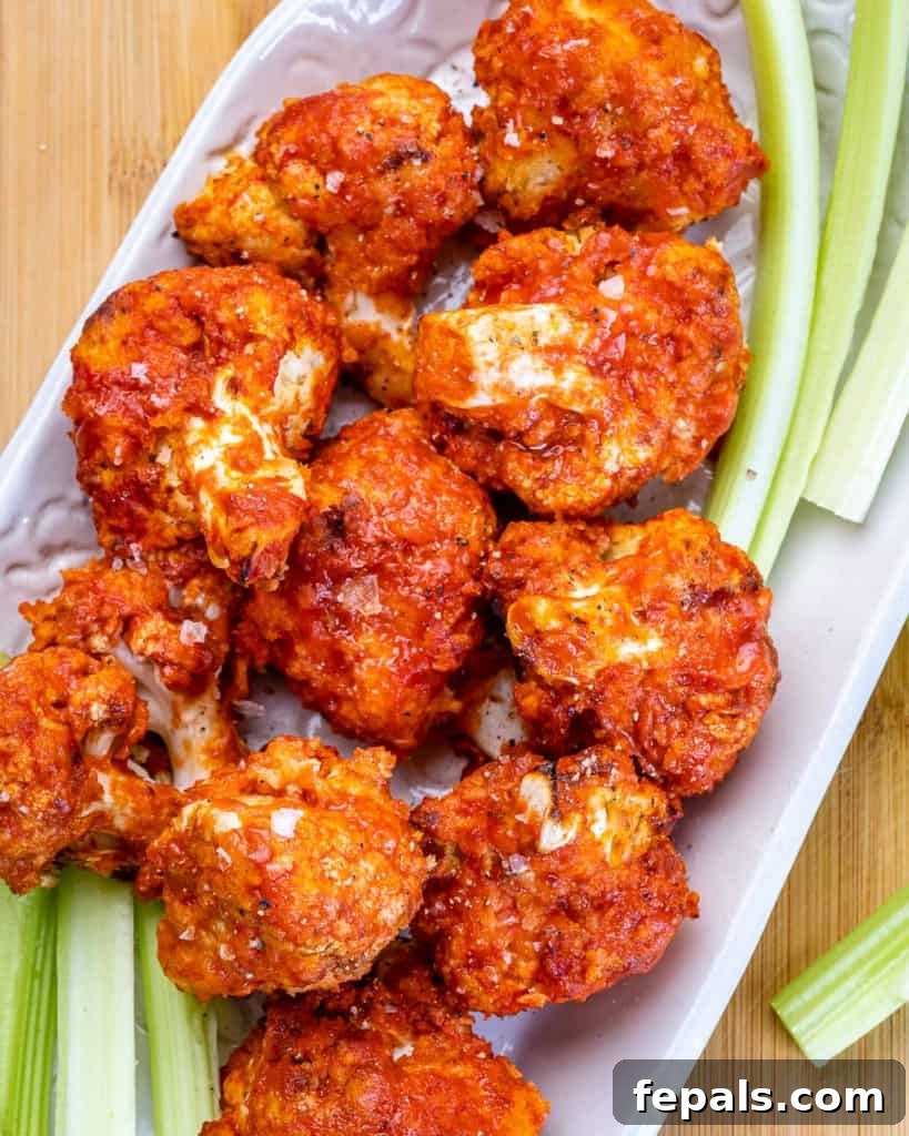 Perfectly Crispy Air Fryer BBQ Cauliflower Wings 10 top view of air-fried bbq cauliflower on a white dish