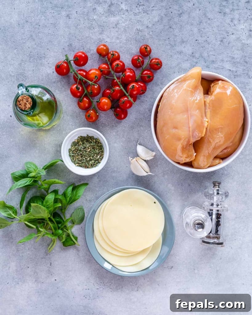 A vibrant flat lay shot displaying all the fresh ingredients needed to make Margherita chicken, including raw chicken breasts, cherry tomatoes, a block of mozzarella, fresh basil, garlic, and seasoning.