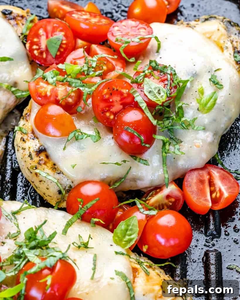Close-up side view of a grilled chicken breast adorned with perfectly melted cheese, diced cherry tomatoes, and fresh basil, showcasing the delicious layers.
