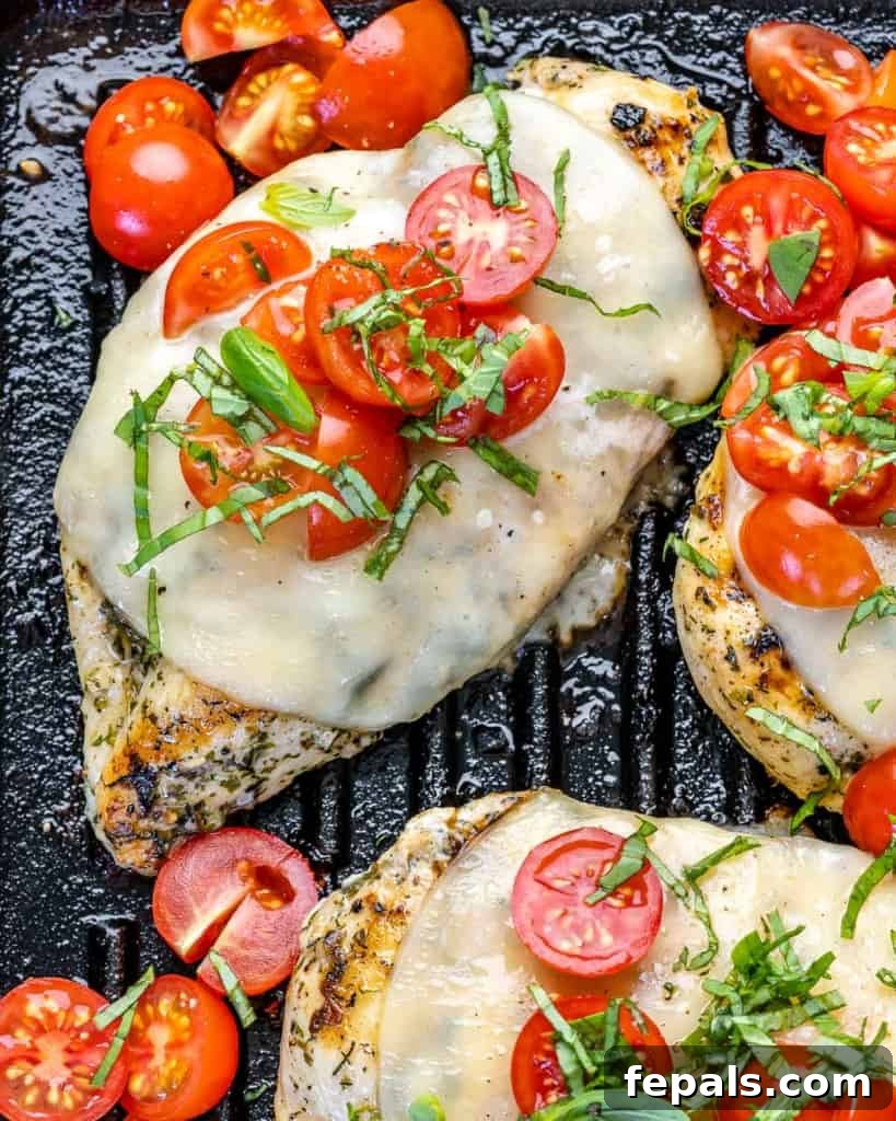 Top view of a beautifully grilled chicken breast, golden brown and seasoned, ready for toppings.