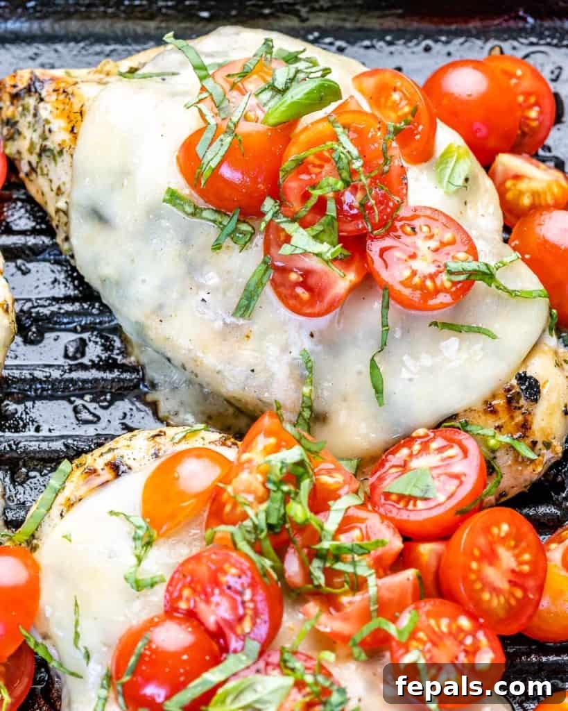 Side shot of a perfectly grilled chicken breast, topped with melted mozzarella, halved cherry tomatoes, and fresh basil, showcasing its juicy texture and vibrant colors.
