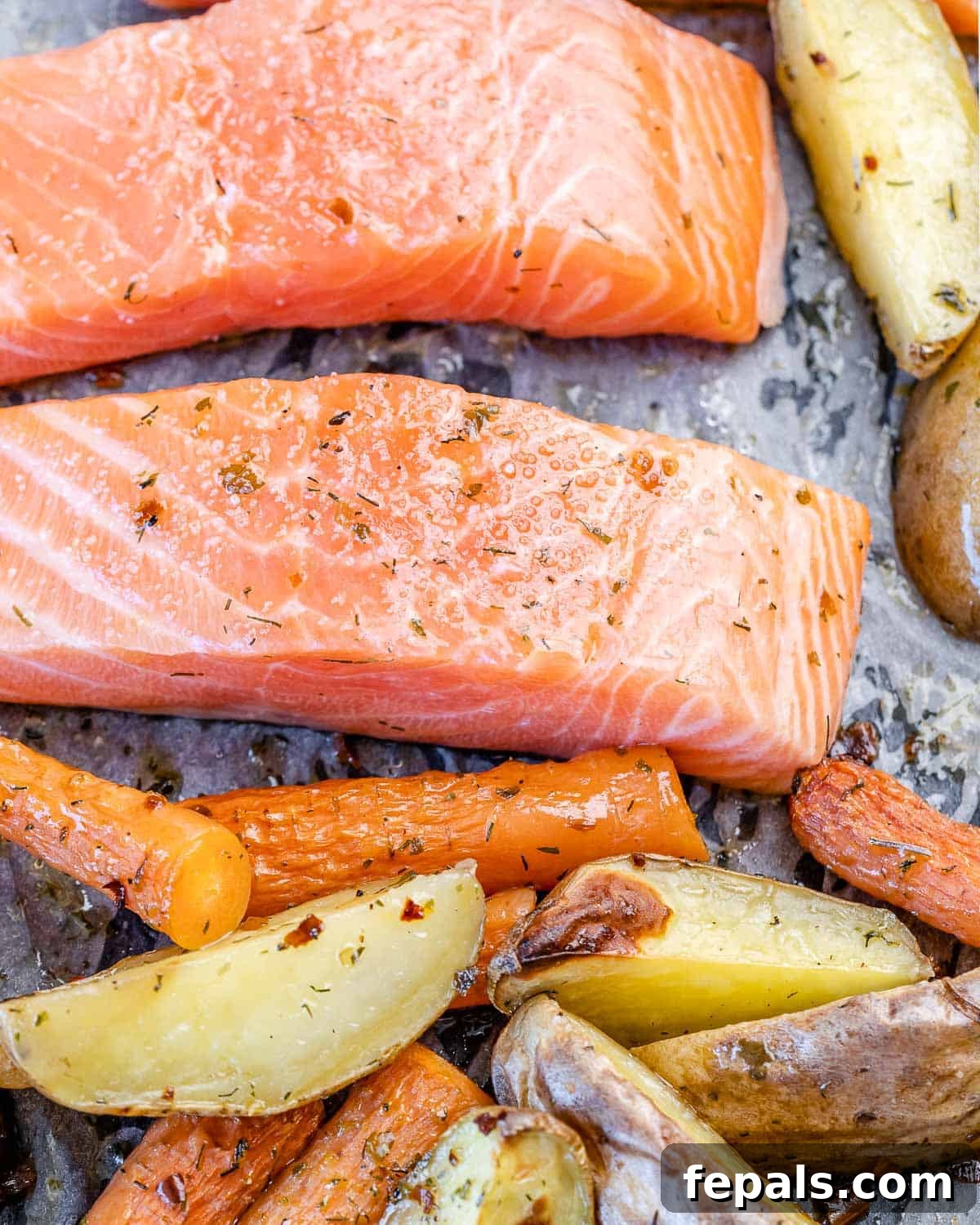 Four salmon fillets seasoned with oil and spices, placed alongside partially roasted vegetables on a baking tray, ready for the oven.
