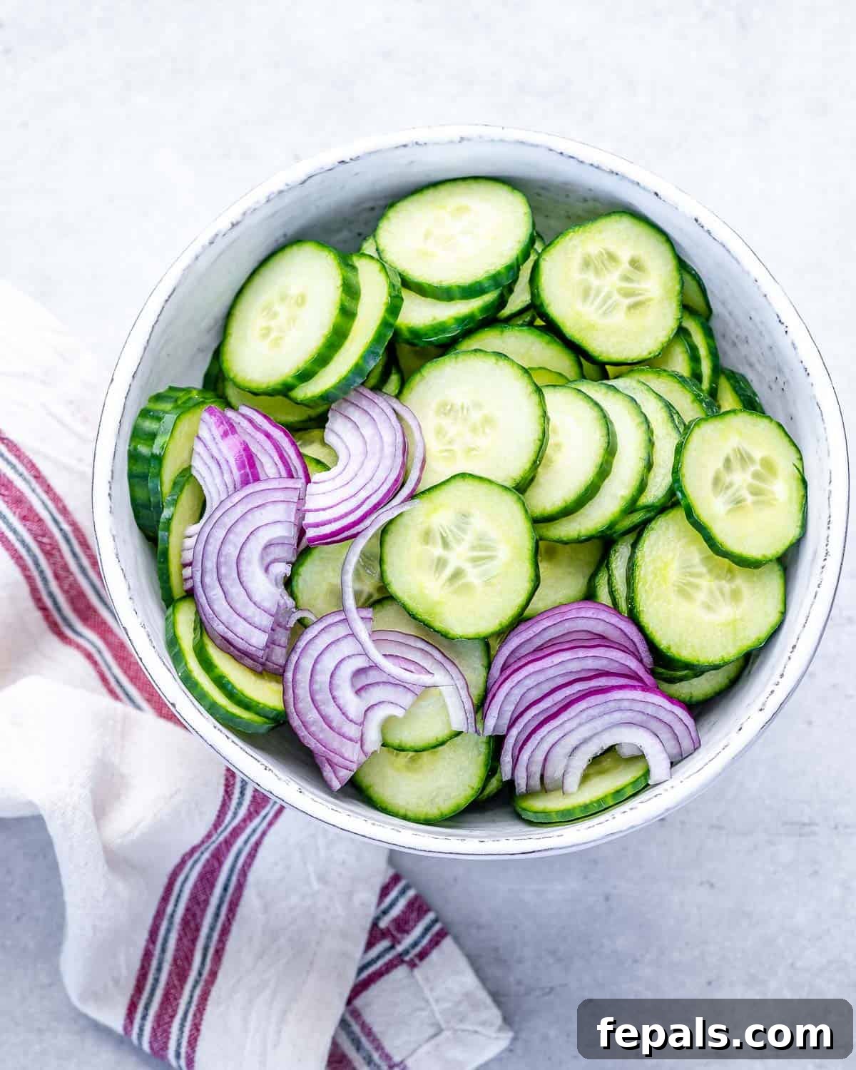Healthy Cucumber Salad red onions and cucumber slices in bowl