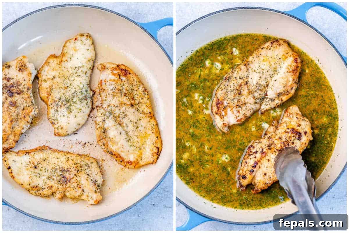 Zesty Lemon Chicken Breasts 3 process shot for cooking seasoned chicken and adding it to a pan with lemon herb sauce.