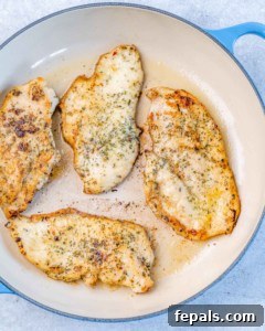 Zesty Lemon Chicken Breasts 6 cooked chicken cutlets in skillet with seasoning