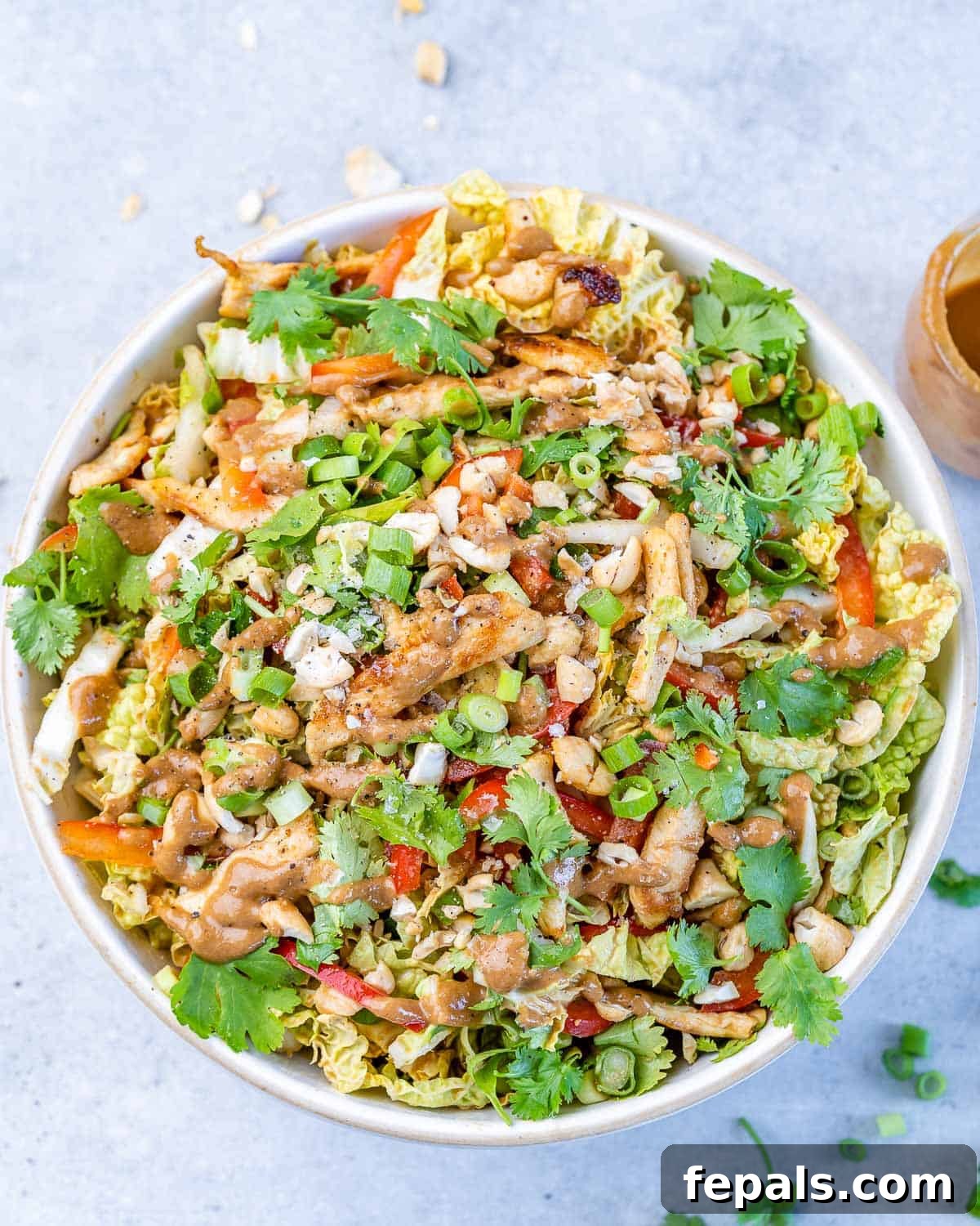 Top view of a vibrant Chinese chicken salad in a white bowl, garnished with sesame seeds and herbs, ready to be served.
