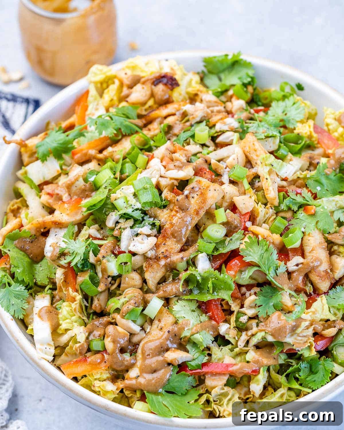 A single portion of Chinese chicken salad, beautifully presented in a bowl with a homemade sesame dressing drizzled over crisp vegetables and chicken.