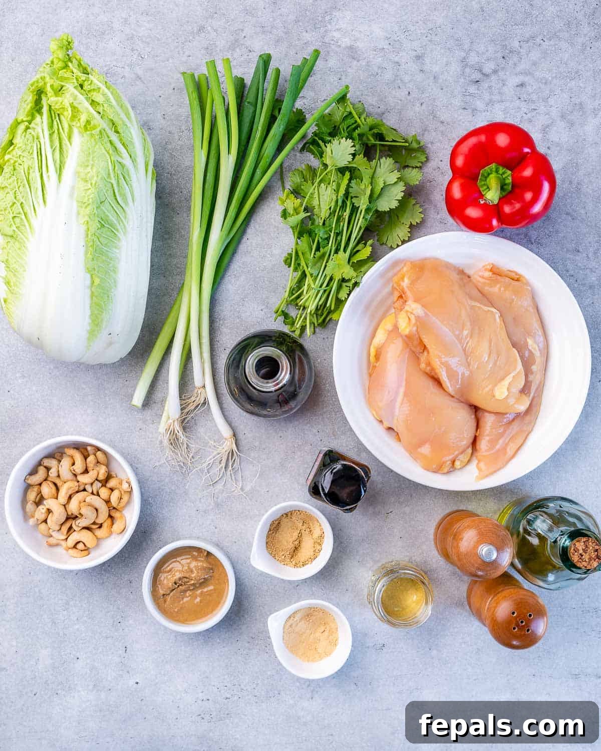 A flat lay arrangement of fresh ingredients for Chinese chicken salad, including chicken breasts, bell pepper, cilantro, green onions, napa cabbage, cashews, creamy nut butter, garlic powder, onion powder, rice wine vinegar, salt, pepper, and olive oil.